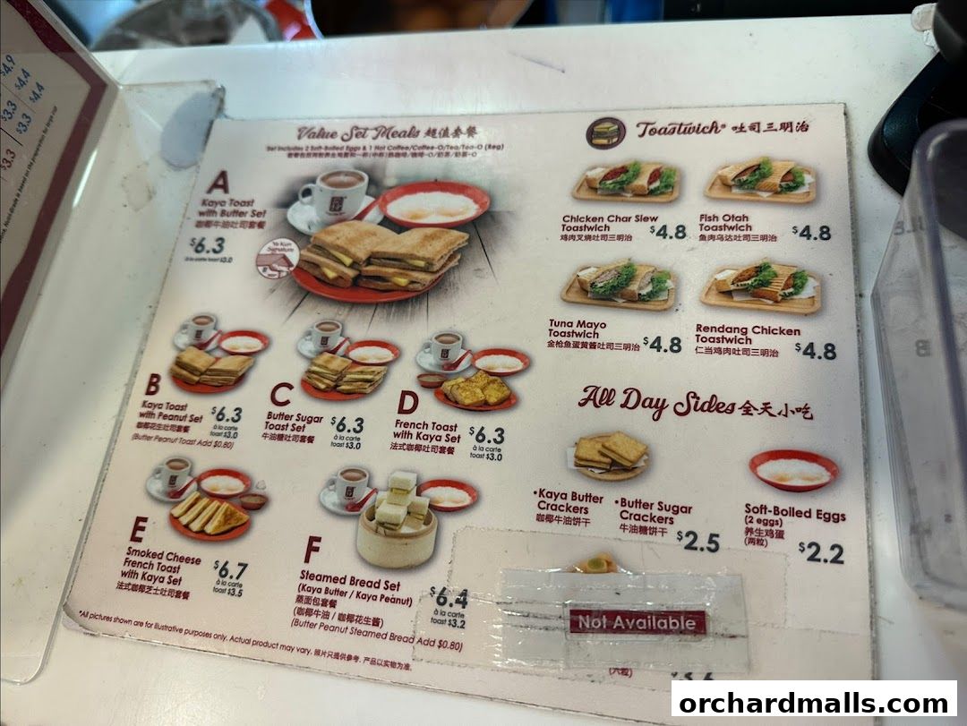 A menu from Ya Kun Kaya Toast featuring value set meals and all-day sides.