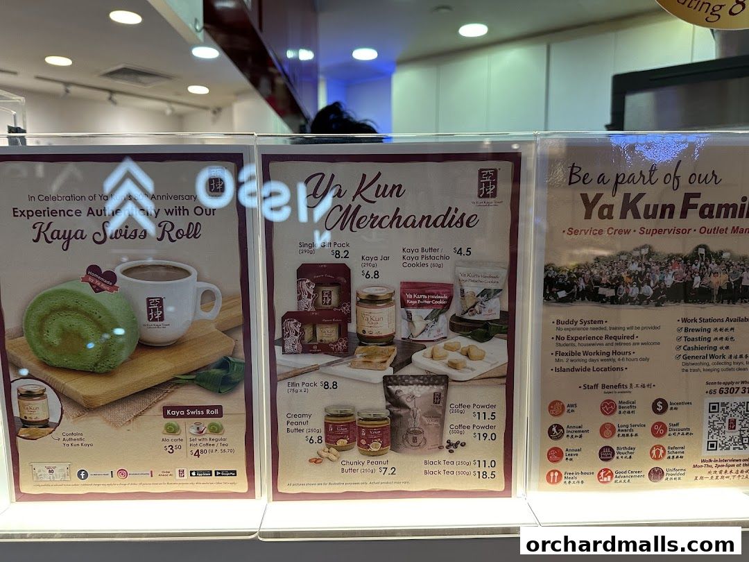 Displays of Ya Kun Kaya Toast merchandise, including Kaya Swiss Roll and various packaged goods.