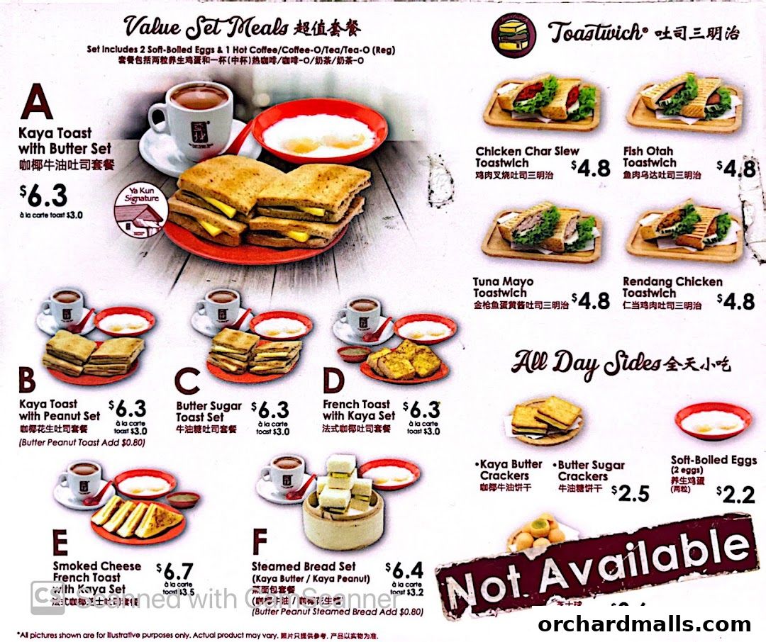 Menu page for Ya Kun Kaya Toast