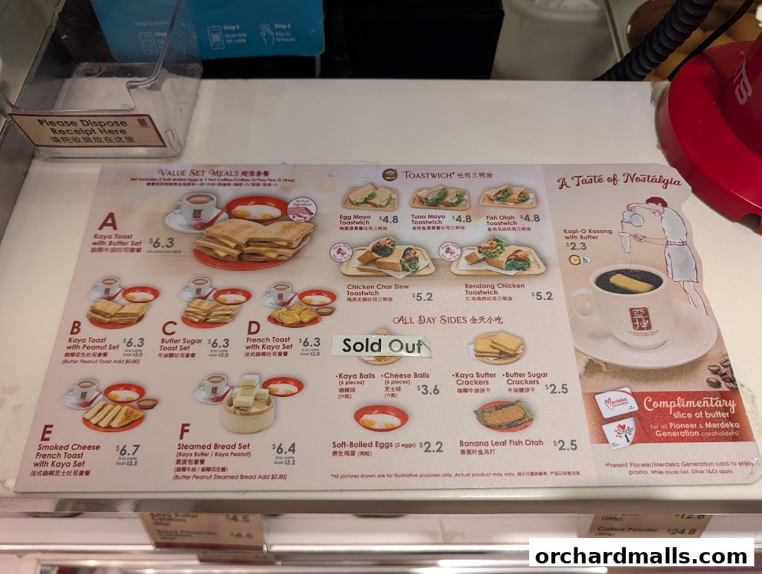 Menu page for Ya Kun Kaya Toast
