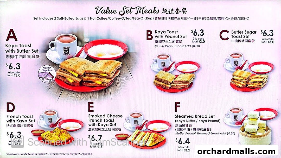 Menu page for Ya Kun Kaya Toast
