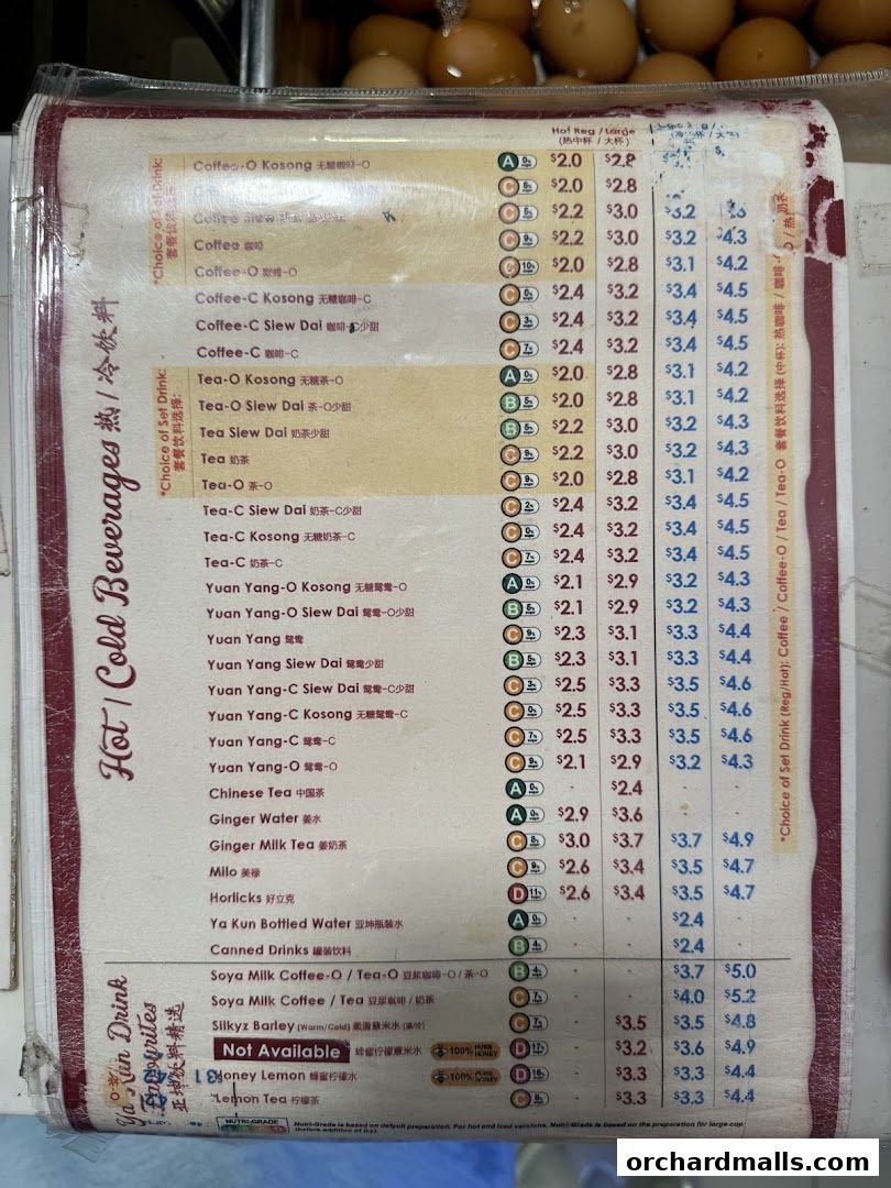 Menu page for Ya Kun Kaya Toast