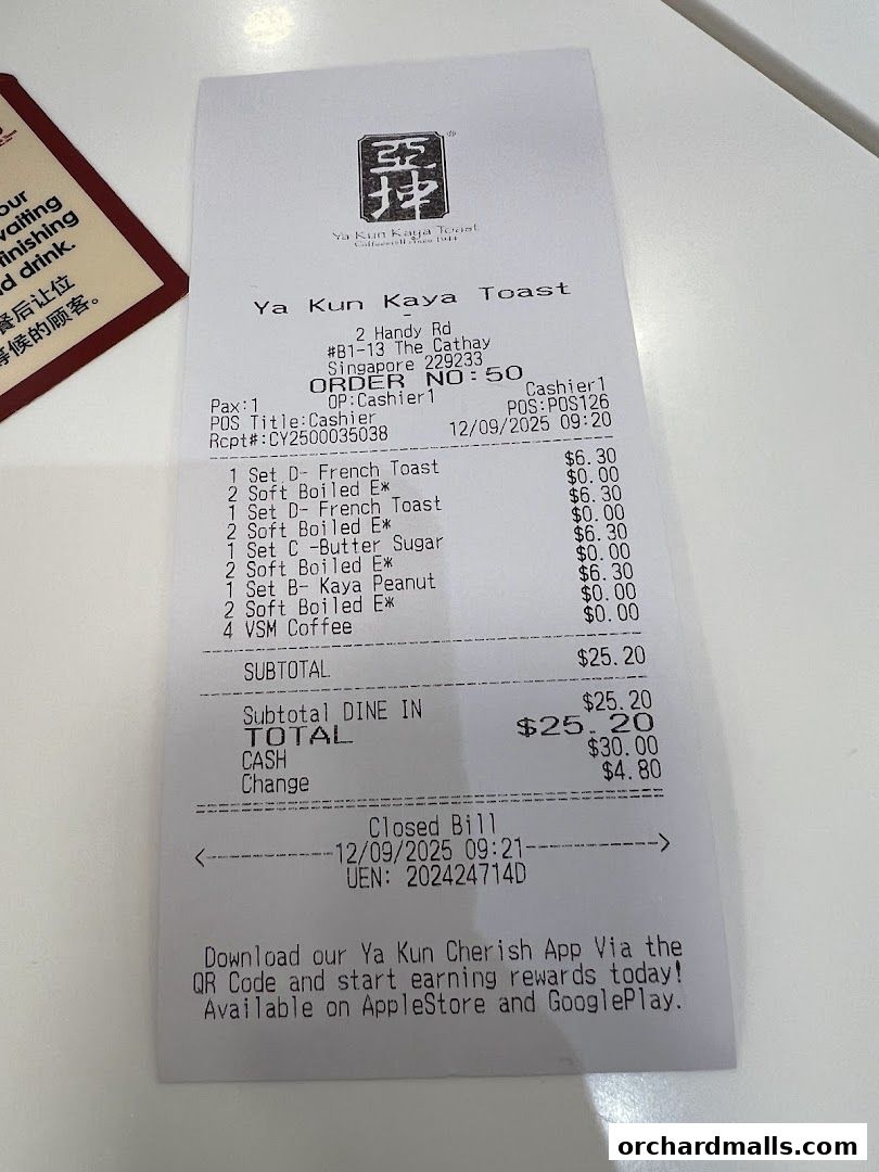 Menu page for Ya Kun Kaya Toast The Cathay