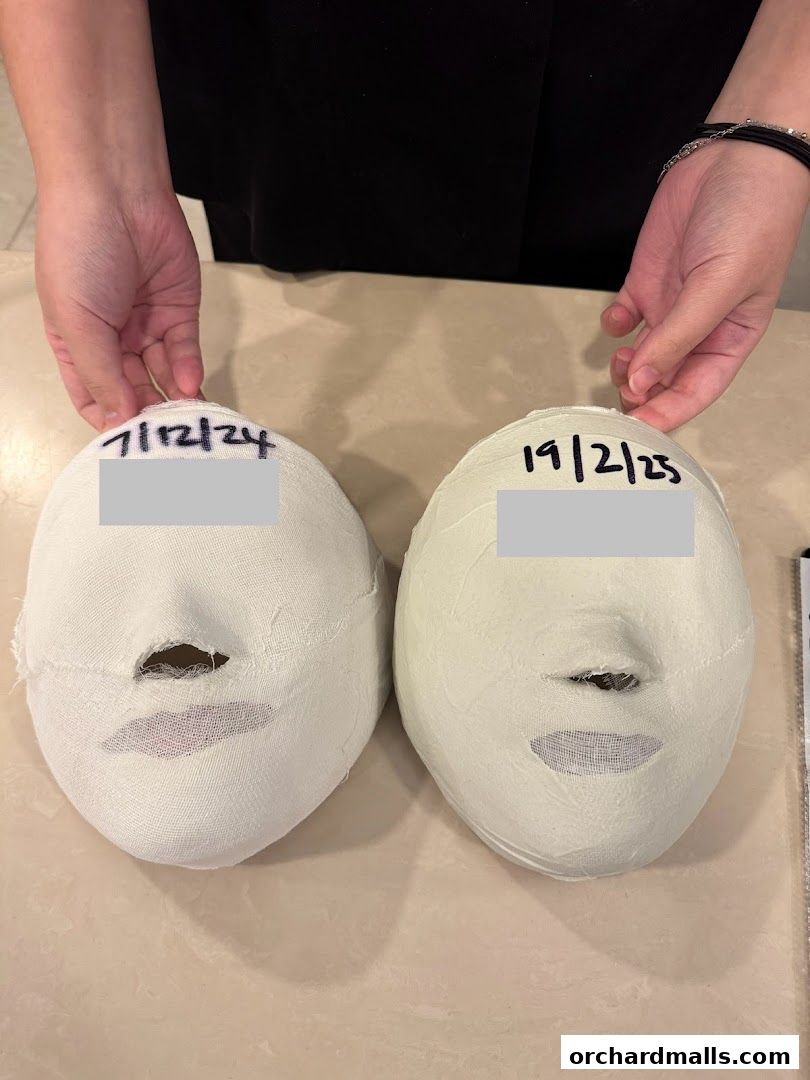 Two plaster casts of faces, one dated 7/12/24 and the other 19/2/25.