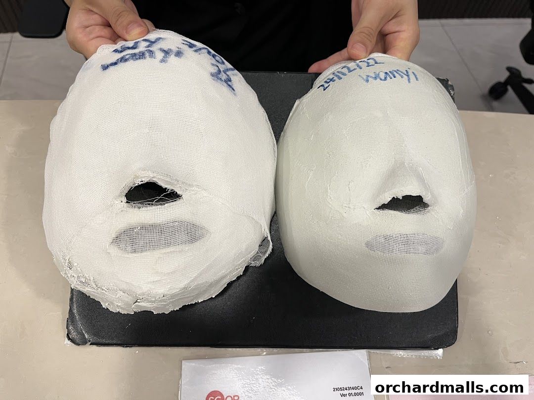 Two plaster face casts, one wrapped in gauze, are displayed.
