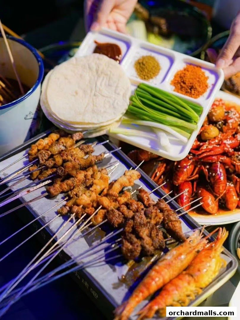 A spread of grilled skewers, crawfish, shrimp, and accompaniments for a delicious meal.