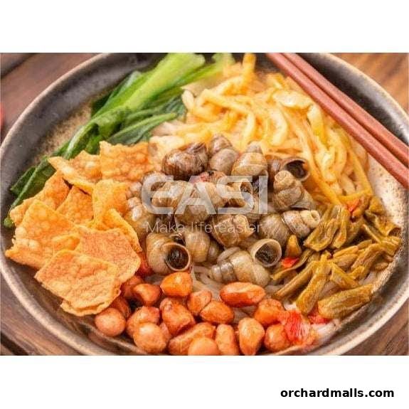 A close-up of a delicious bowl of snails, noodles, and various toppings.