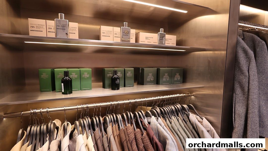 Zara store interior showcasing men's fragrances and a selection of jackets on hangers.