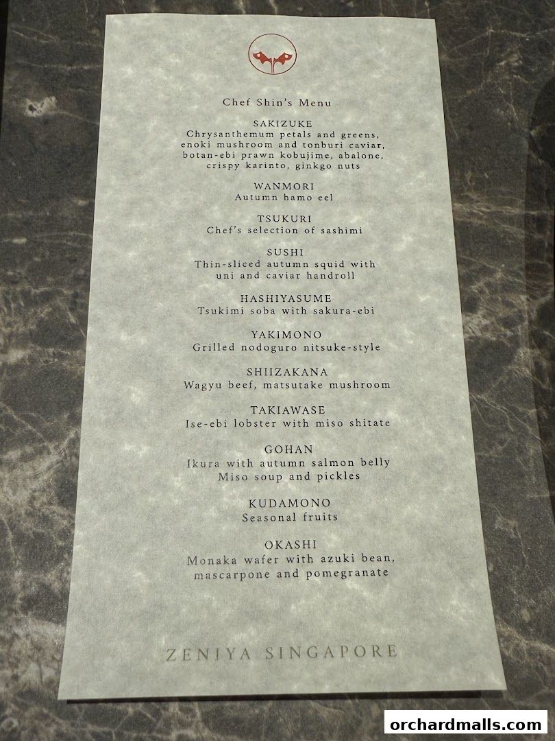 Menu page for Zeniya Singapore