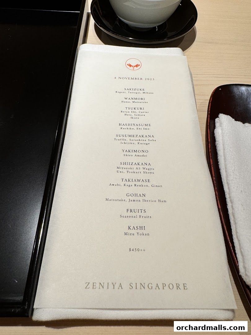 Menu page for Zeniya Singapore