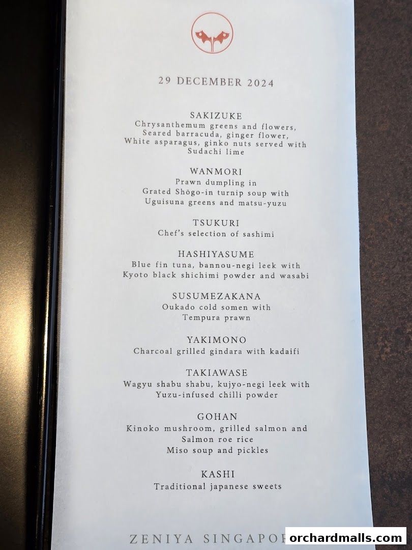 Menu page for Zeniya Singapore