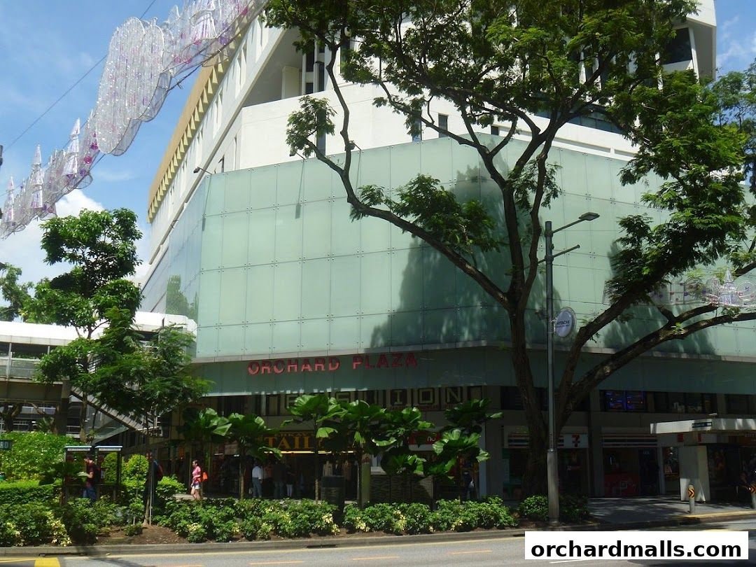 Exterior view of Orchard Plaza building with trees and shops.