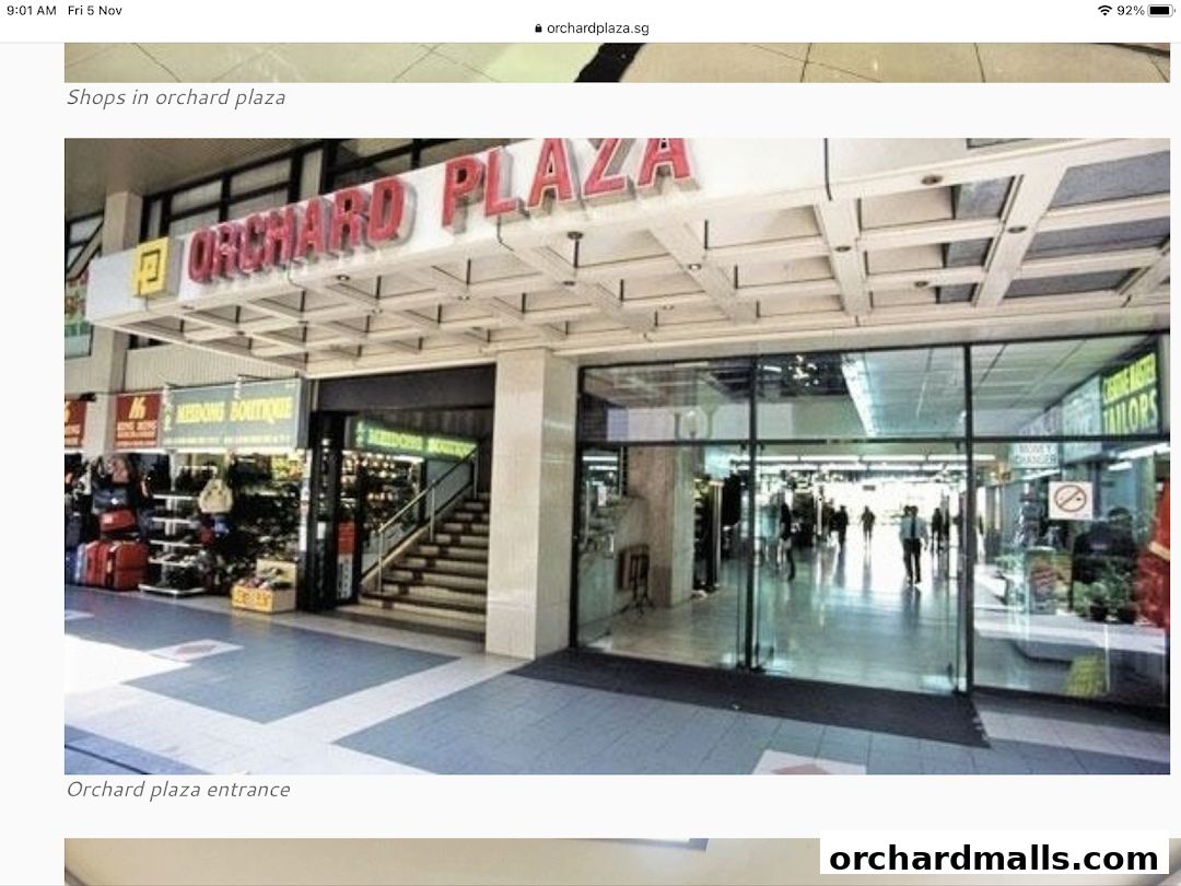 The entrance to Orchard Plaza, featuring various shops and a walkway with shoppers.