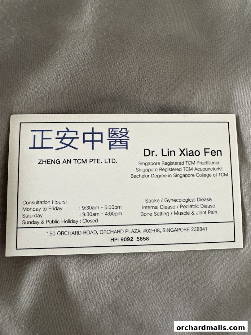 A business card for Zheng An TCM Pte Ltd, featuring Dr. Lin Xiao Fen.