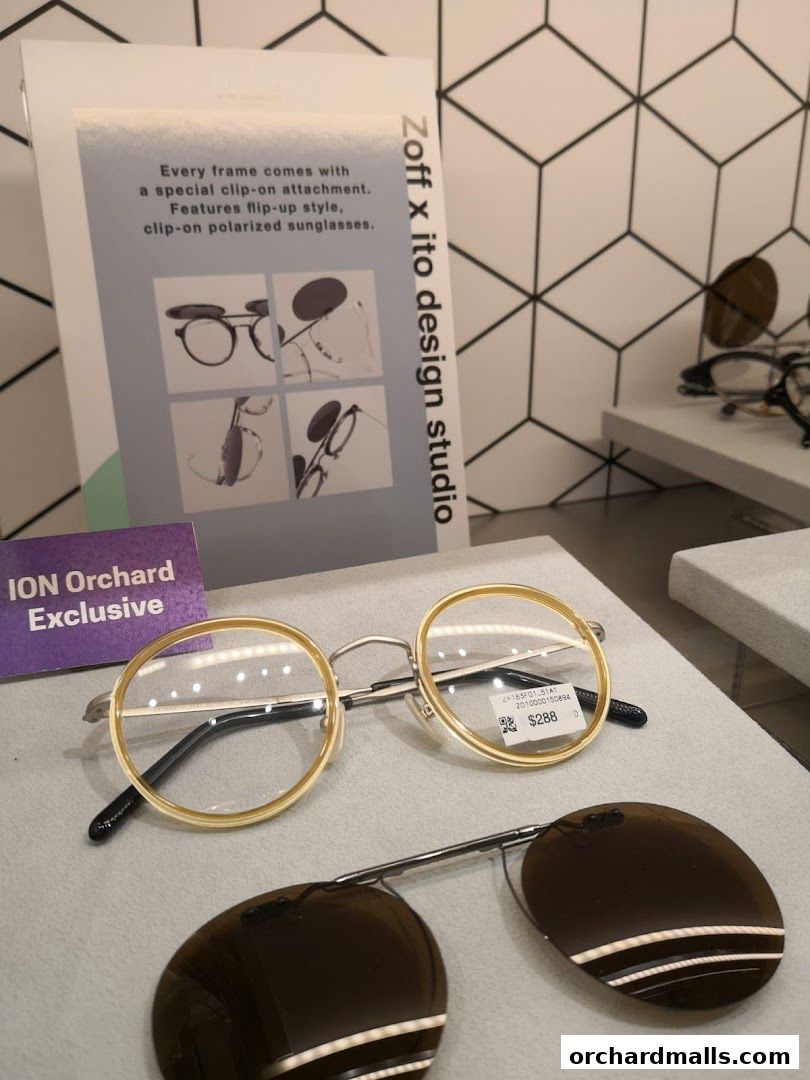Stylish eyeglasses with clip-on sunglasses and a promotional display.