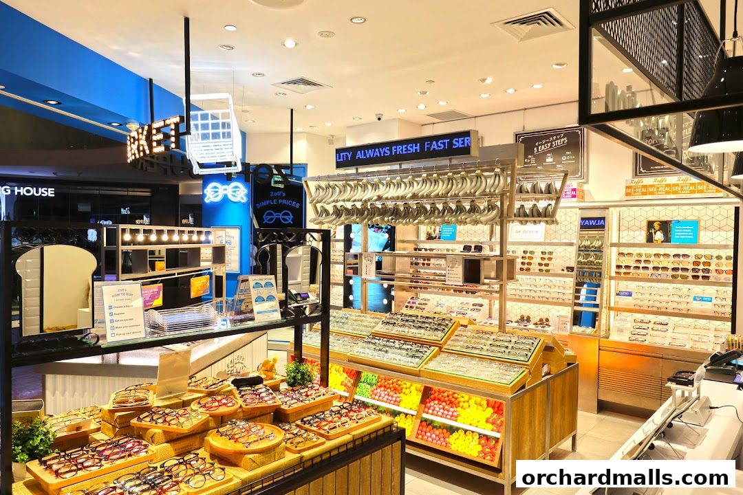 Interior view of a modern eyewear store with a wide selection of glasses on display.