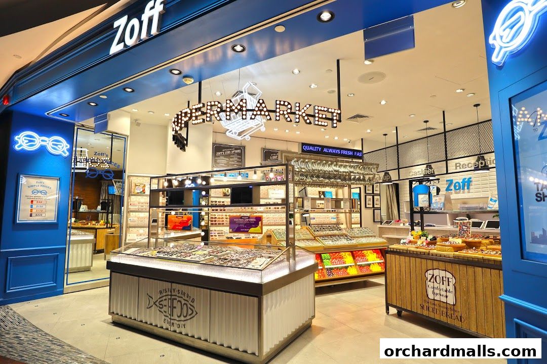 The interior of a modern Zoff optical shop showcasing a wide selection of eyeglasses and accessories.