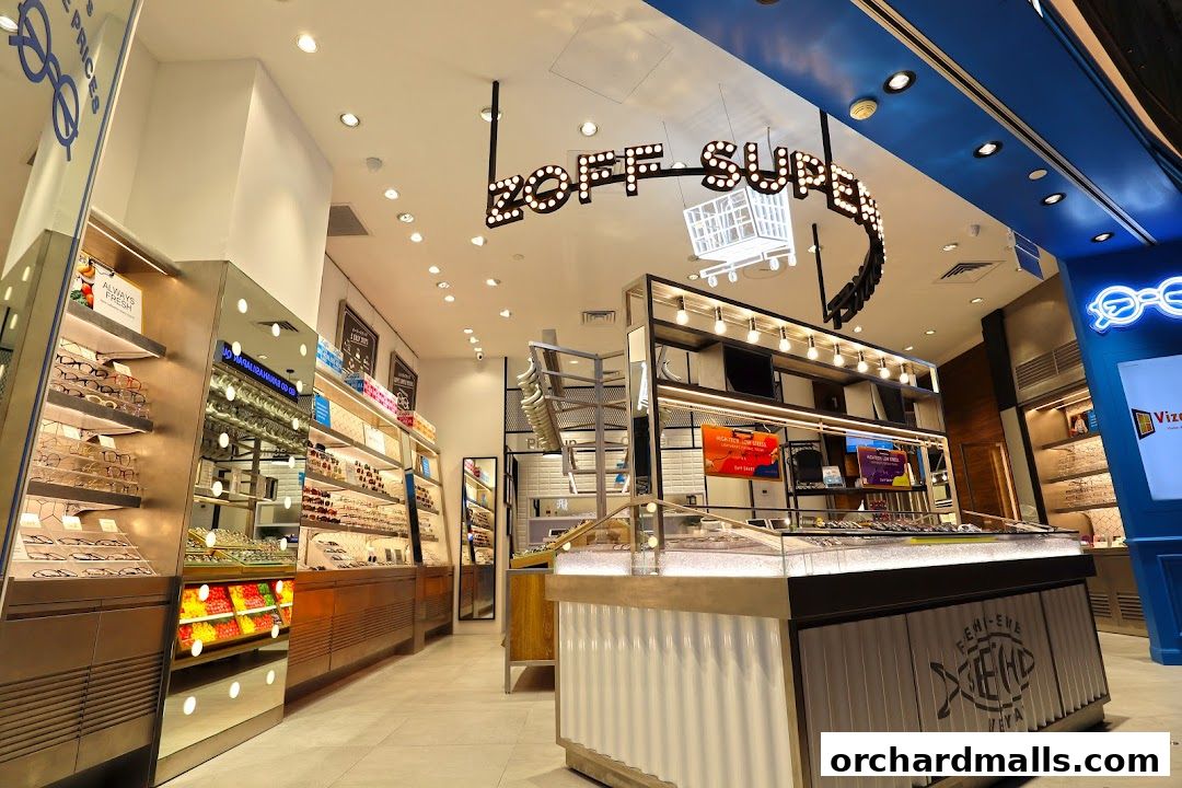 Interior view of a modern eyewear store with displays of glasses and a prominent Zoff Super sign.