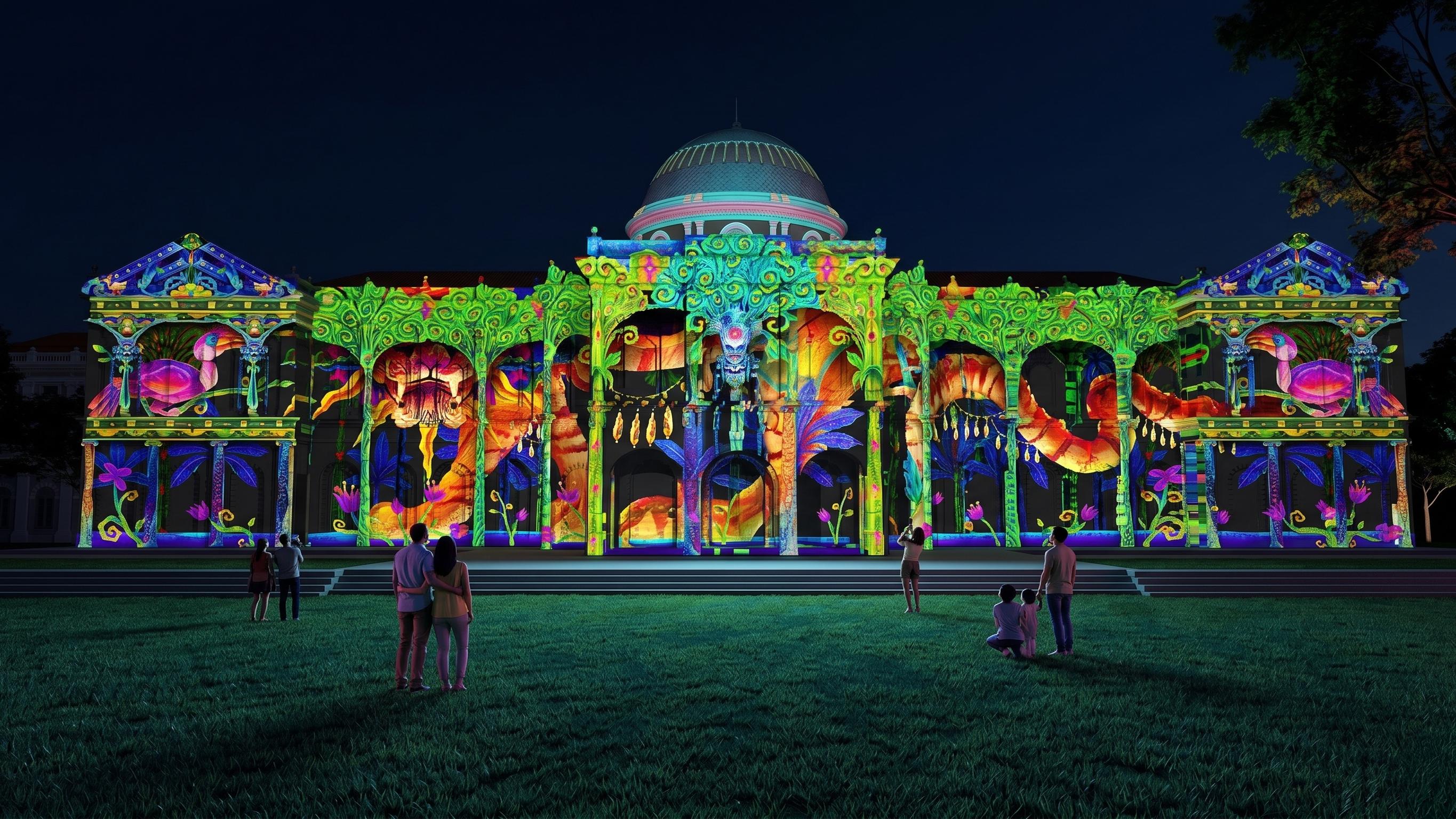 Tales of Earth and Sea projection mapping on the National Museum of Singapore facade